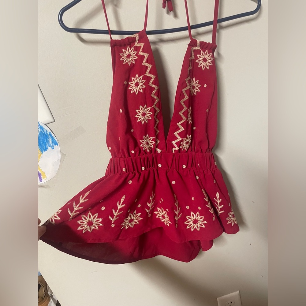 SHEIN Red Floral Embroidered Top - Small Women’s with Halter tie